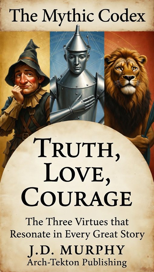 The Mythic Codex — Truth, Love, Courage: the Scarecrow, the Tin Man, and the Cowardly Lion — book cover by J.D. Murphy